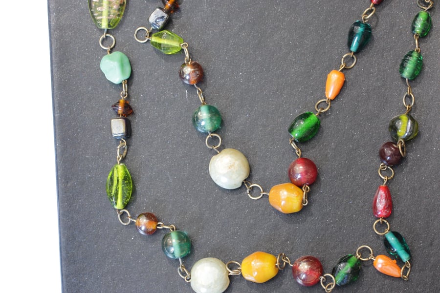 Handcrafted Multi-Colored Glass & Stone Beaded Chain Necklace