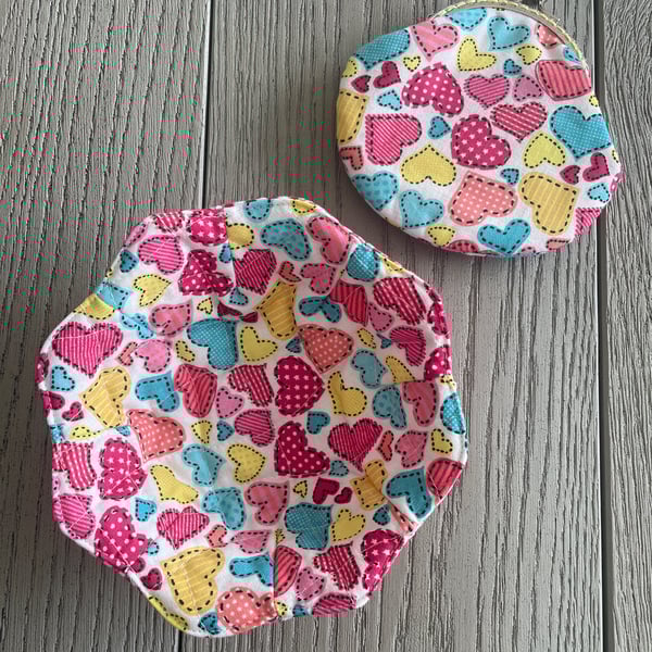 Heart themed Fabric Clasp Purse & Reversible Fabric Bowl.