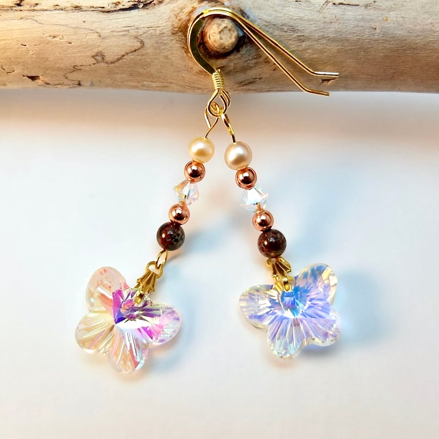 Crystal Butterfly Earrings With Jasper And Pearl - Handmade In Devon