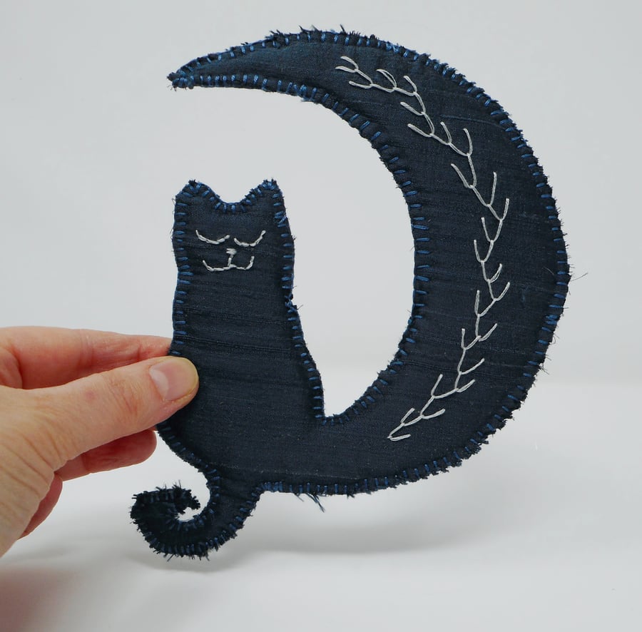 Hand embroidered silk moon and cat hanging ornament