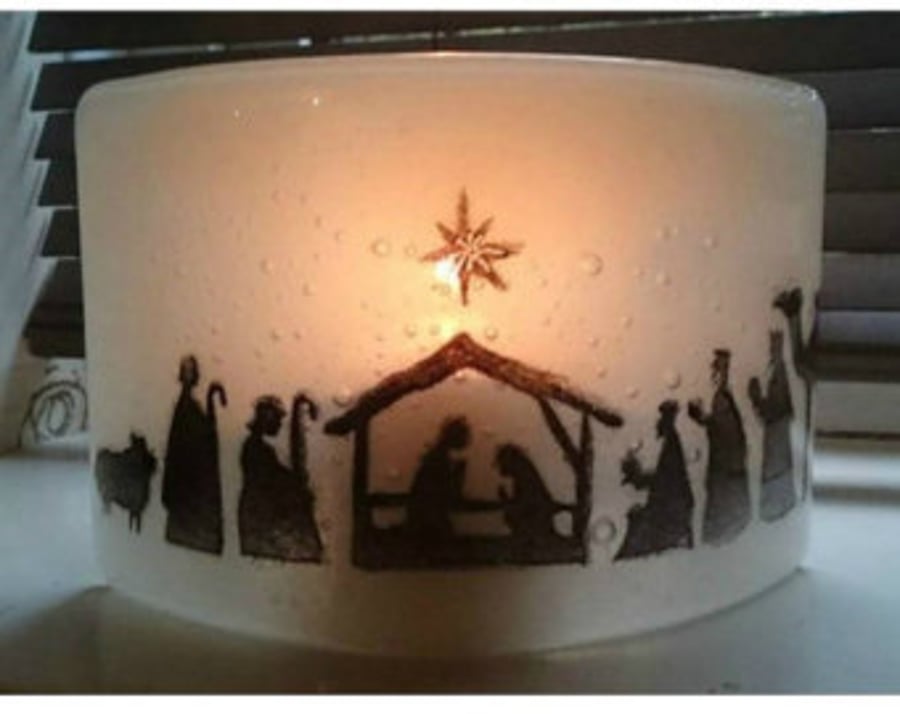 Fused Glass Nativity Arch Candle behind