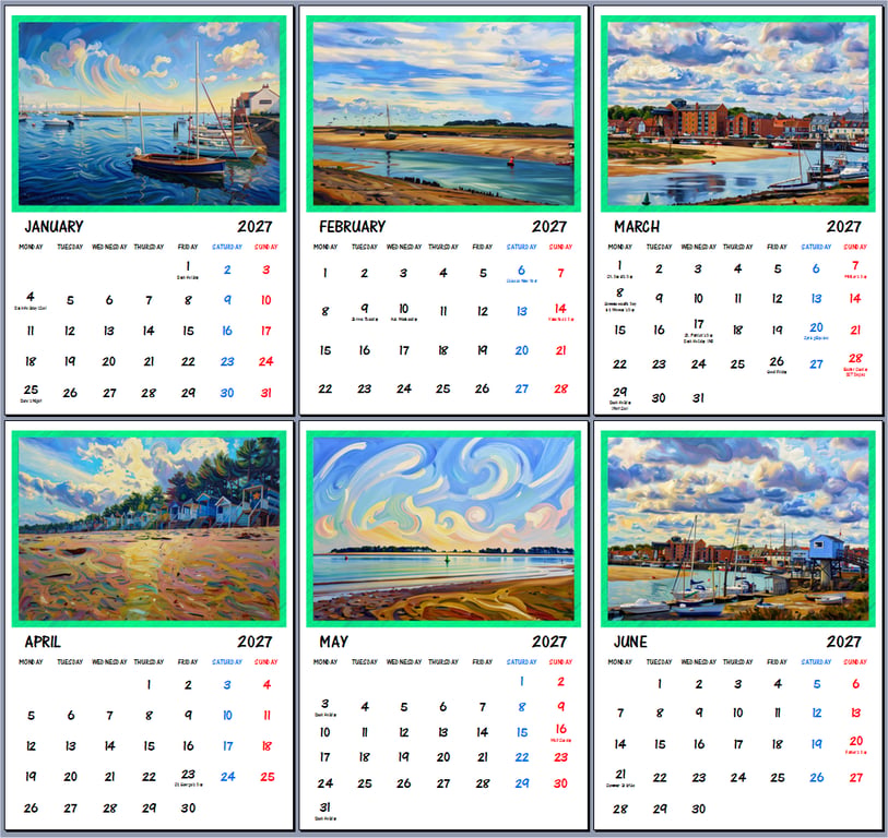 2027 Calendar Wells Next The Sea North Norfolk A4 Size Wall Hanging 