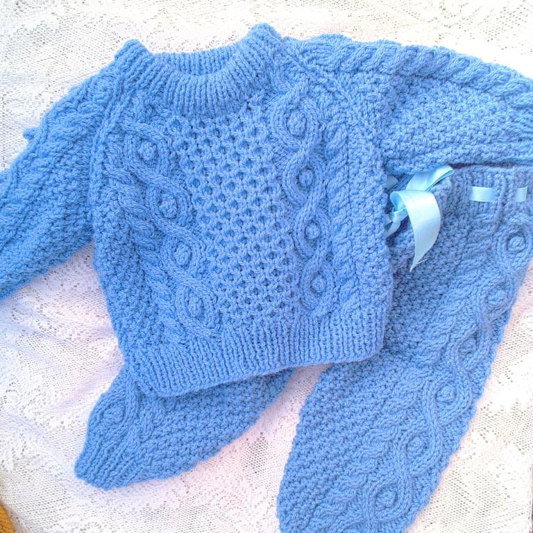Baby's Aran Cabled Trousers and Jumper Set, Baby Shower Gift, Baby's Outfit