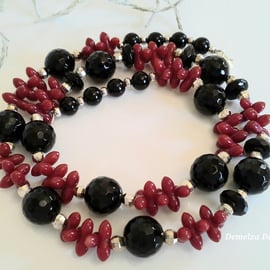 Eco Red Coral & Faceted Black Onyz Sterling Silver Necklace