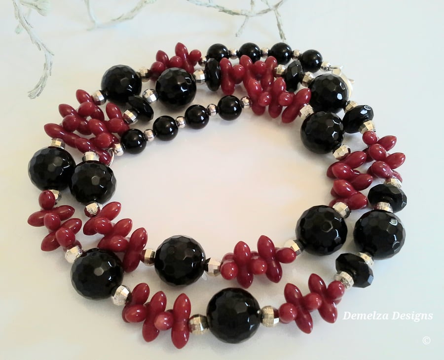 Eco Red Coral & Faceted Black Onyz Sterling Silver Necklace
