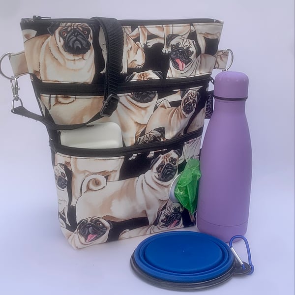 Dog walking bag, crossbody bag, pugs