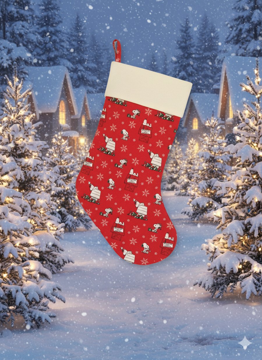 Xmas stocking hung in a festive scene, waiting for Santa.