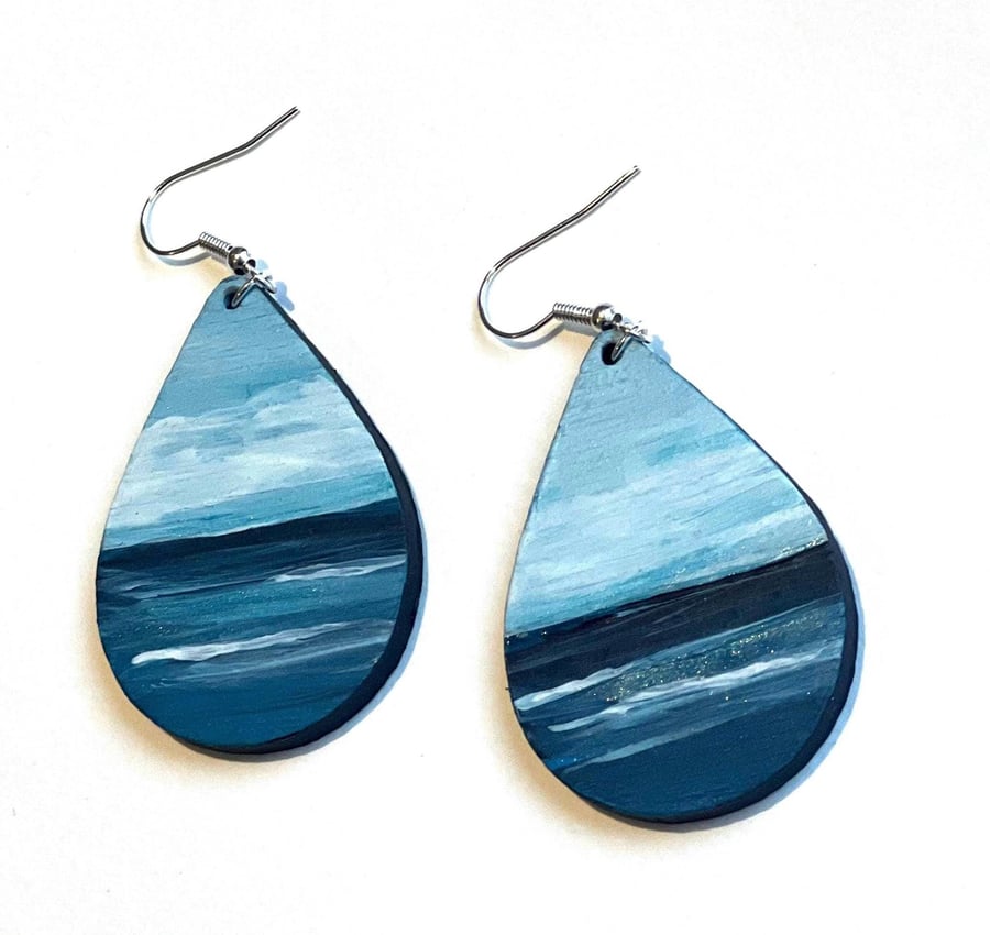 Hand painted Earrings, Unique Gift Idea, Wearable Art, Sea Paintings, Blue 