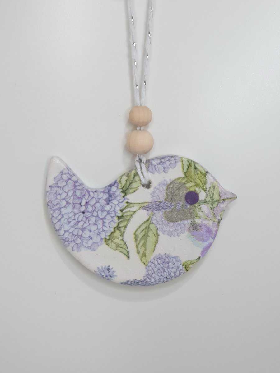 Floral bird hanging decoration - pretty clay gift for a bird lover