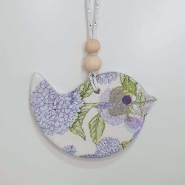 Floral bird hanging decoration - pretty clay gift for a bird lover