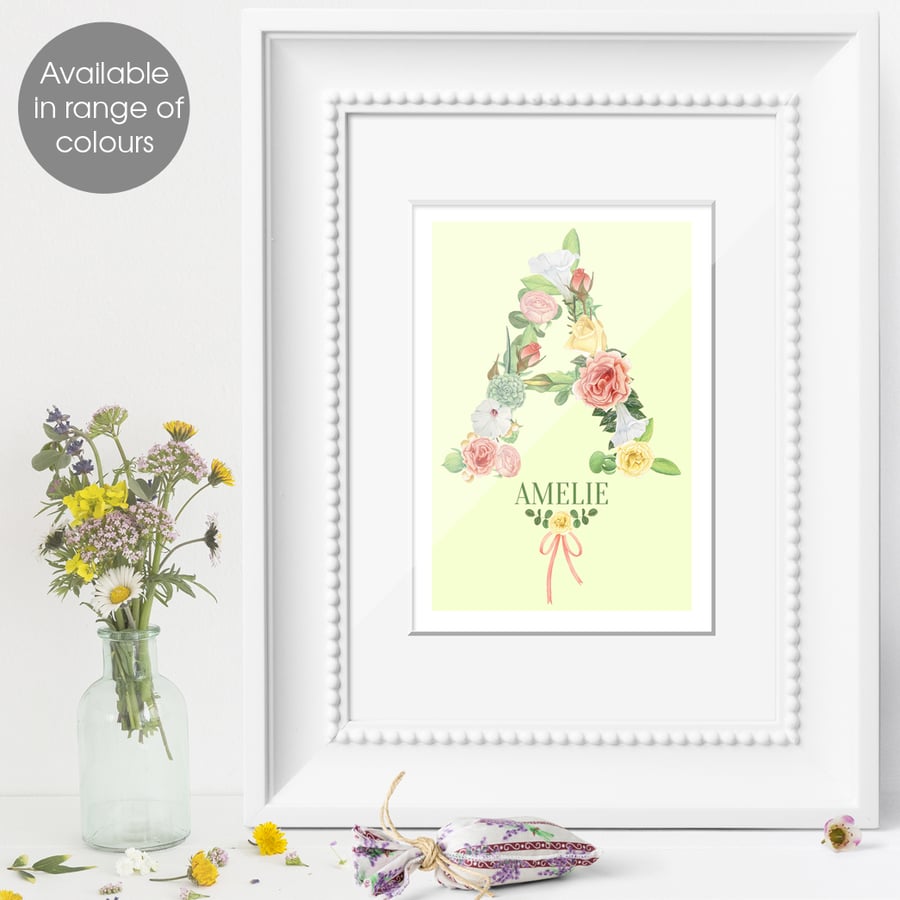 Floral Initial Personalised Print, pastel botanical alphabet gift