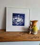 Blue swan handprinted linocut print 21x21cm - Image 3