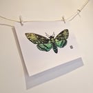 Death Moth in a Green and Yellow Gradient - Original Lino Print