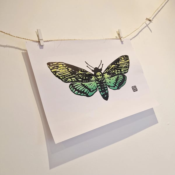 Death Moth in a Green and Yellow Gradient - Original Lino Print