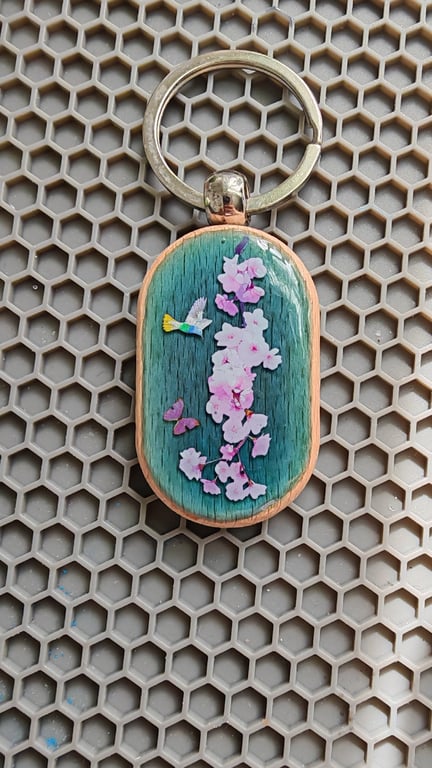 Handmade Sakura Resin Keychain with Hummingbird