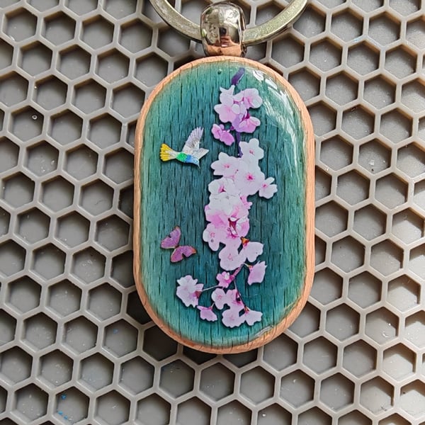 Handmade Sakura Resin Keychain with Hummingbird