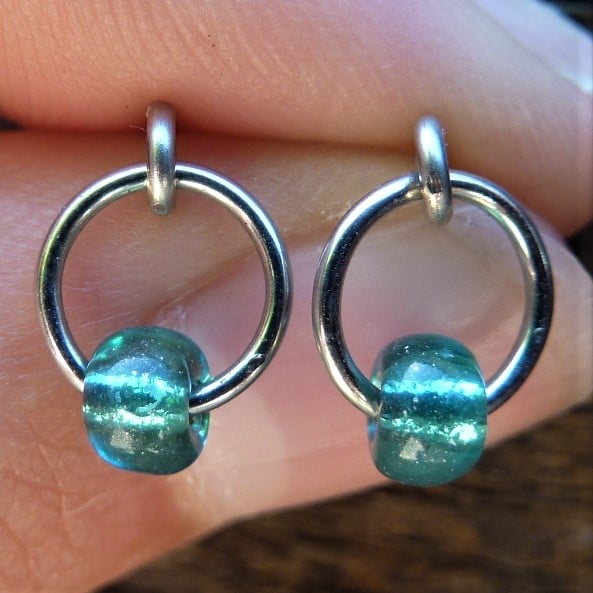 Sea aqua blue glass beads and silver circles stud earrings