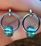 Sea aqua blue glass beads and silver circles stud earrings