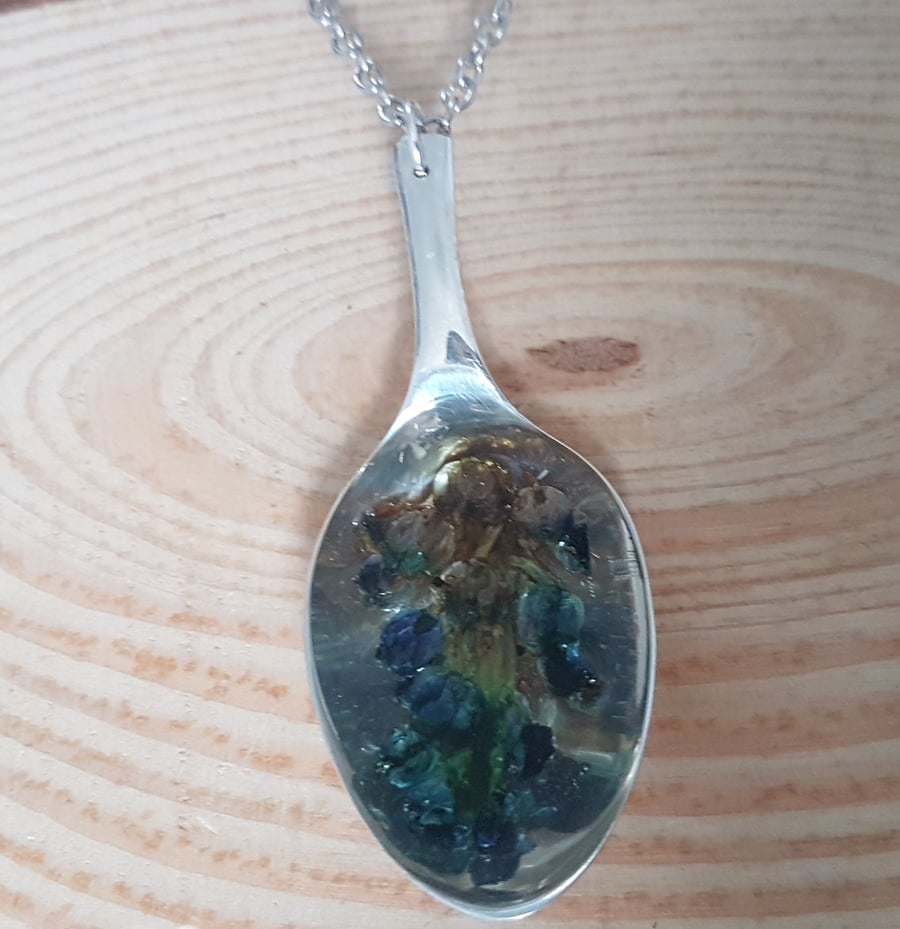 Upcycled Silver Plated Spoon Necklace with Grape Hyacinth SPN041705