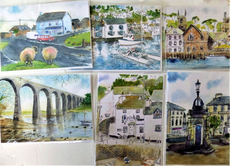 Pack of 6 greetings card, East Cornwall watercolour views, blank for own message