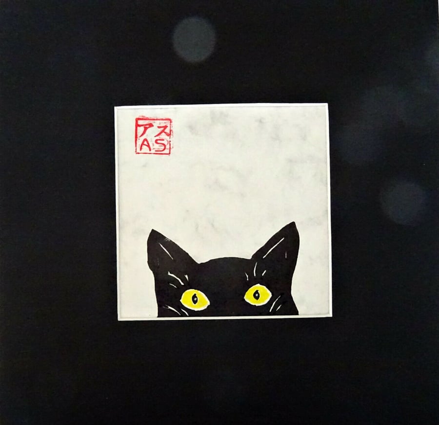 Peeking Cat - Original Linocut Print 
