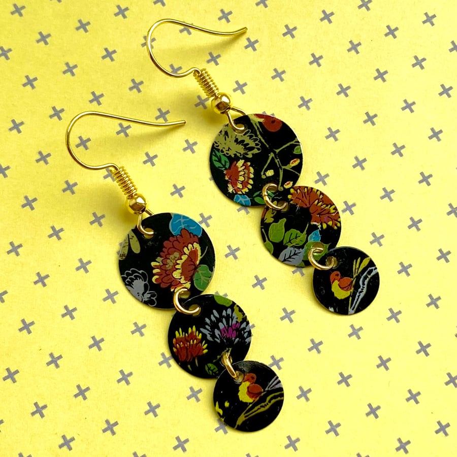 Vintage tin triple circle black floral oriental drop earrings
