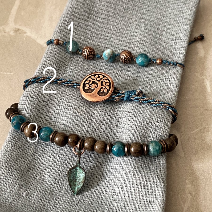 Set of three bracelets with Apatite and Copper elements