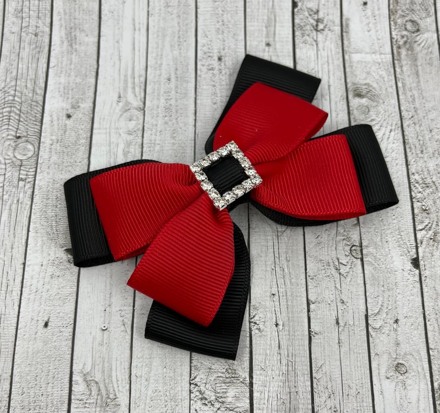 Black and Red Double Layer Bow on Clip