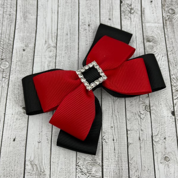 Black and Red Double Layer Bow on Clip