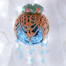 Christmas bauble turquoise and peach crochet lace vintage style, Y3