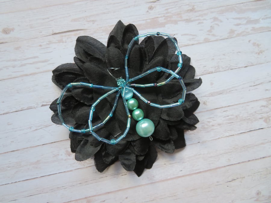 Black & Aqua Blue Crystal Butterfly Bridal Brooch Corsage Buttonhole Wedding