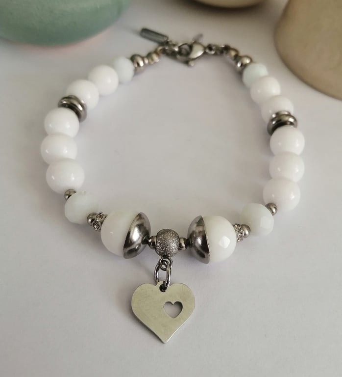 White quartz & silver beaded bracelet heart charm
