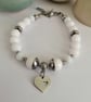 White quartz & silver beaded bracelet heart charm - Image 1