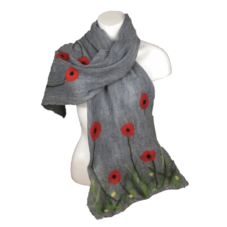 Nuno felted lightweight scarf, grey with floral poppy design