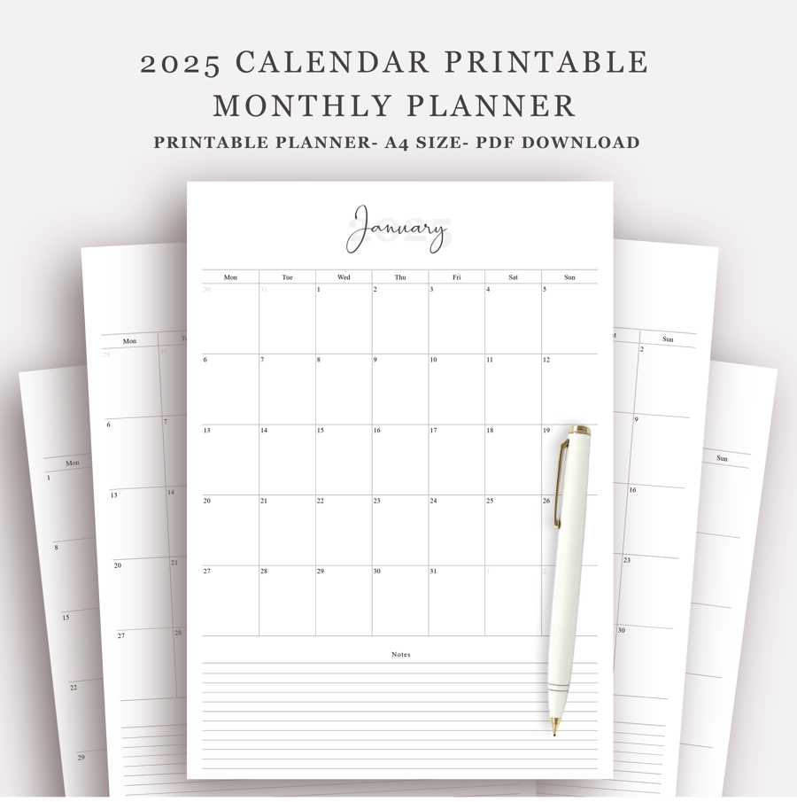 2025 Calendar Printable 2025 Monthly Planner, Note Section, Sunday & Monday Star