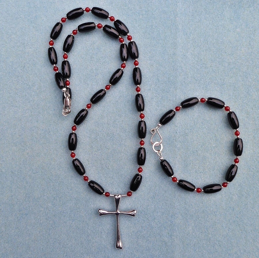 Gothic Bones Cross Necklace and Bracelet Set, Chunky Solid Silver Cross