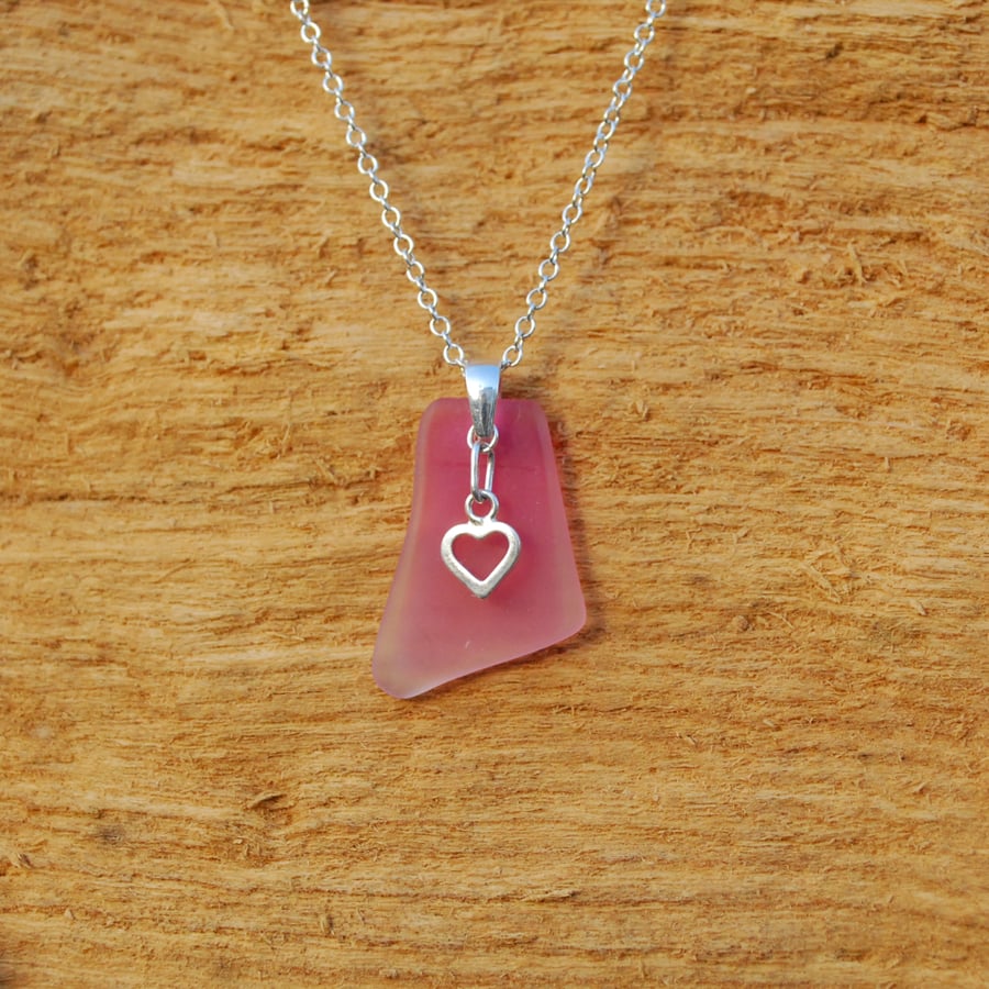 Cranberry beach glass pendant with silver heart