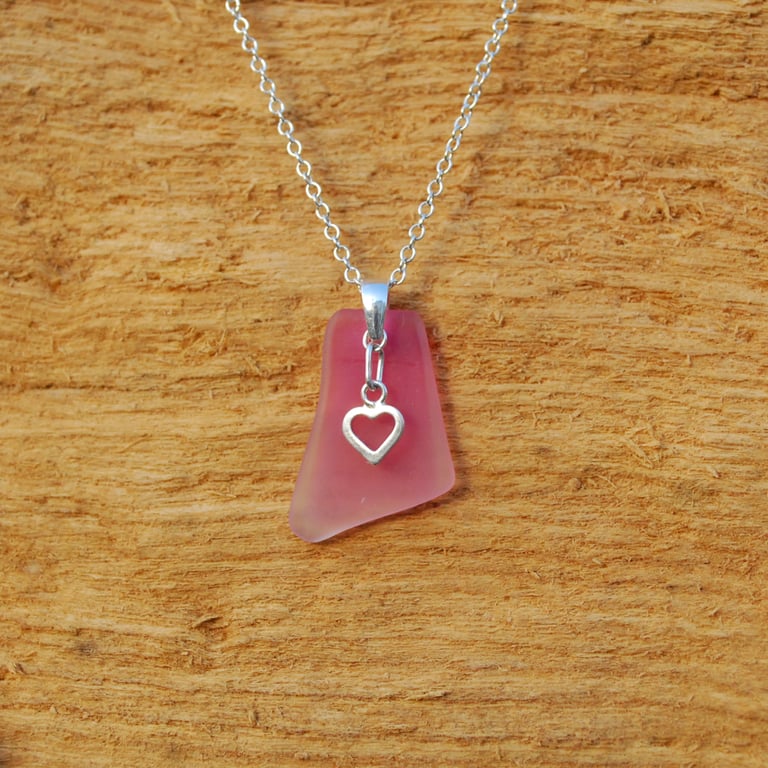 Cranberry beach glass pendant with silver heart