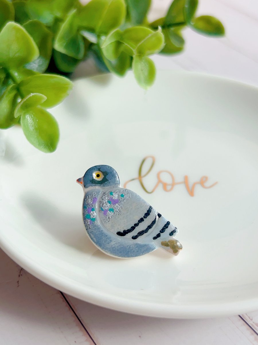 Pigeon Brooch Pin Badge, Handmade Polymer Clay Bird, Gift for Birdwatcher