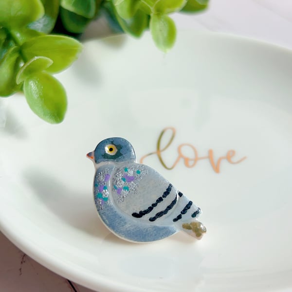 Handmade Bird Pin, Gift for Bird Lover, Miniature Clay Tit & Pigeon Art