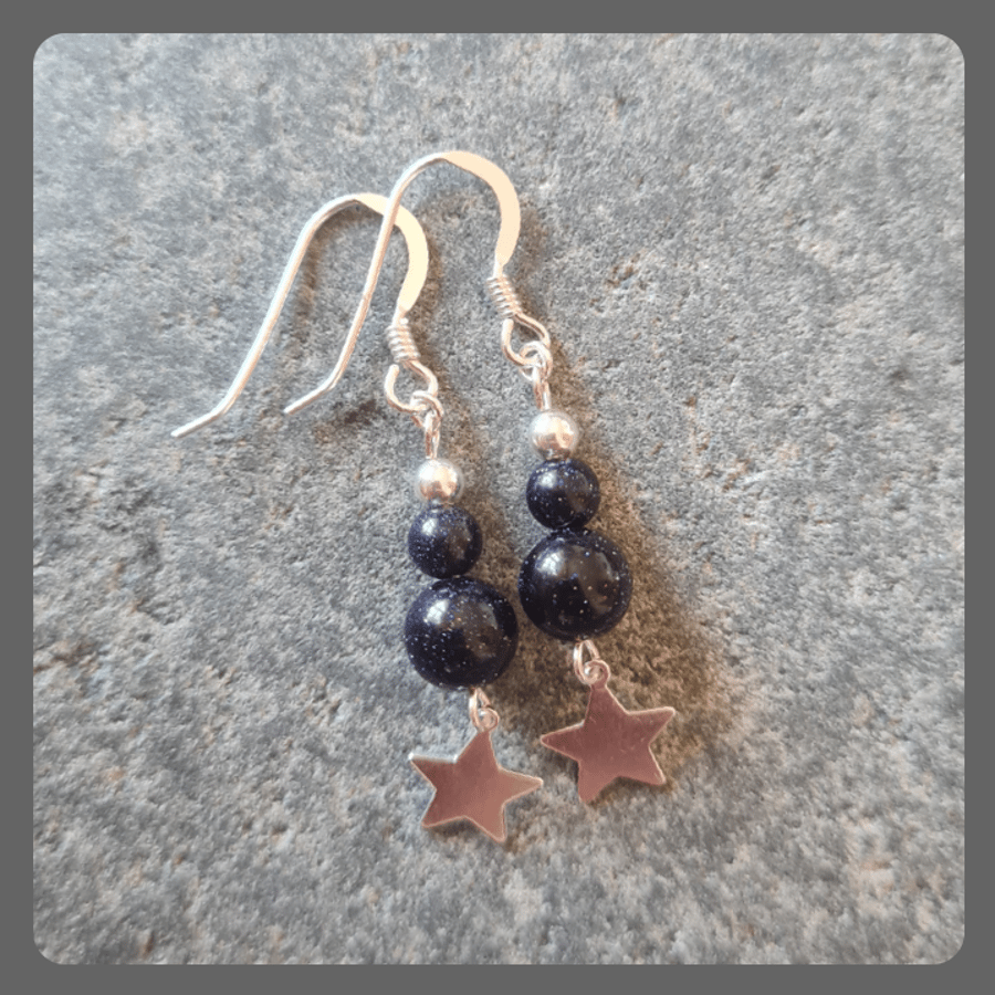 Blue Goldstone and Sterling Silver Star Earrings for pierced ears