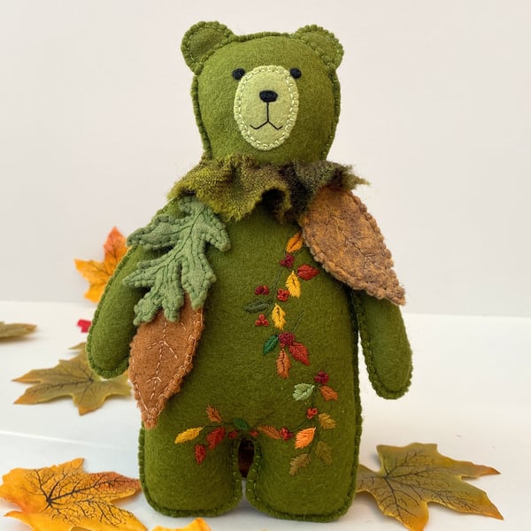 Teddy bear, hand embroidered wall hanging, woodland bear