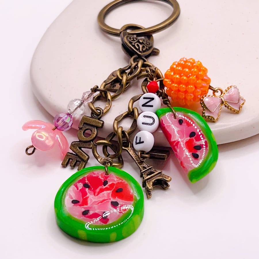 Watermelon Keyring Bag Charm, Handmade Summer Fruit Charm with Beads