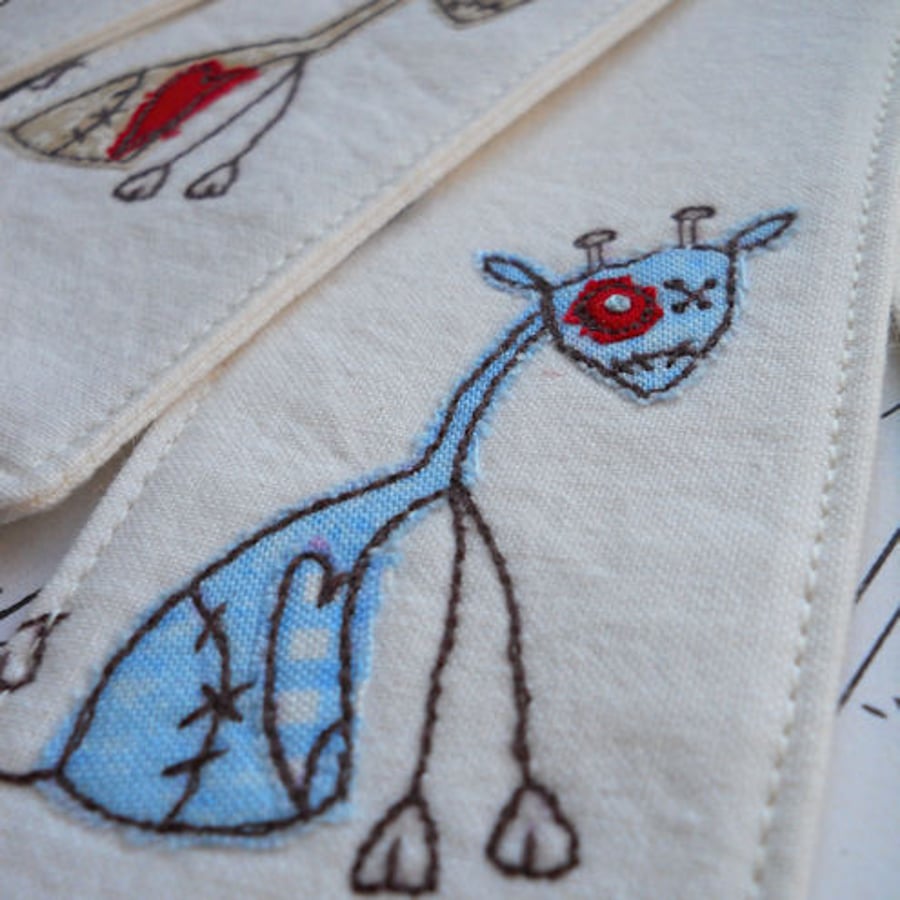 embroidered bookmarks - zombie giraffes