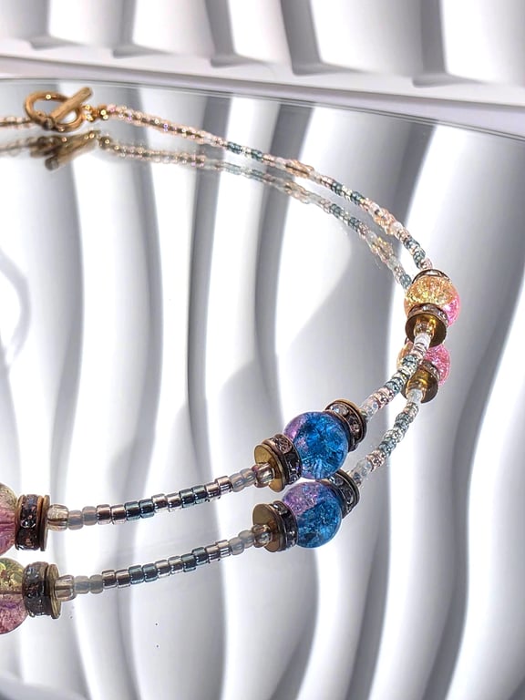Iridescent Beaded Necklace Rainbow Crackle Glass Choker Colourful Jewellery Hand