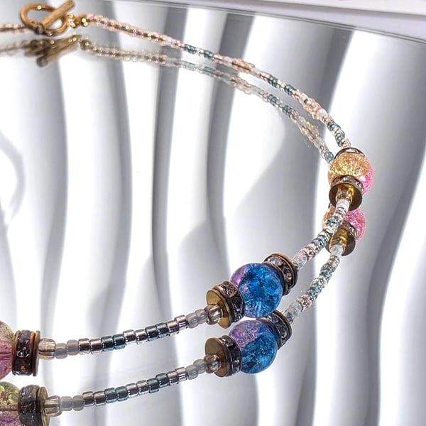 Iridescent Beaded Necklace Rainbow Crackle Glass Choker Colourful Jewellery Hand