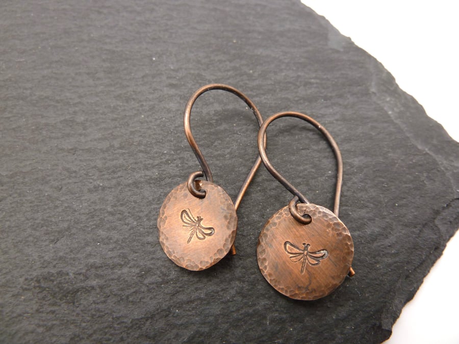 copper earrings, hand stamped dragonfly jewellery