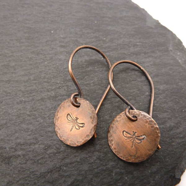 copper earrings, hand stamped dragonfly jewellery