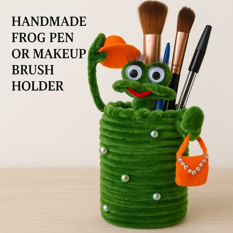 Handmade Frog Pen Holder Desk Decoration– Desk Buddy with Hat and Purse