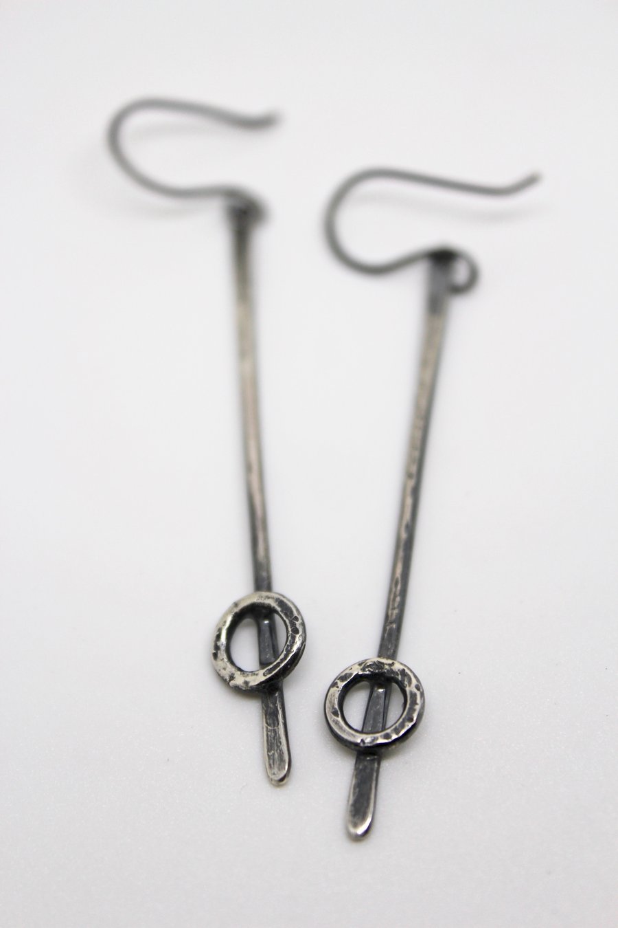 Long silver earrings, long oxidised silver earrings with circle, hammered silver